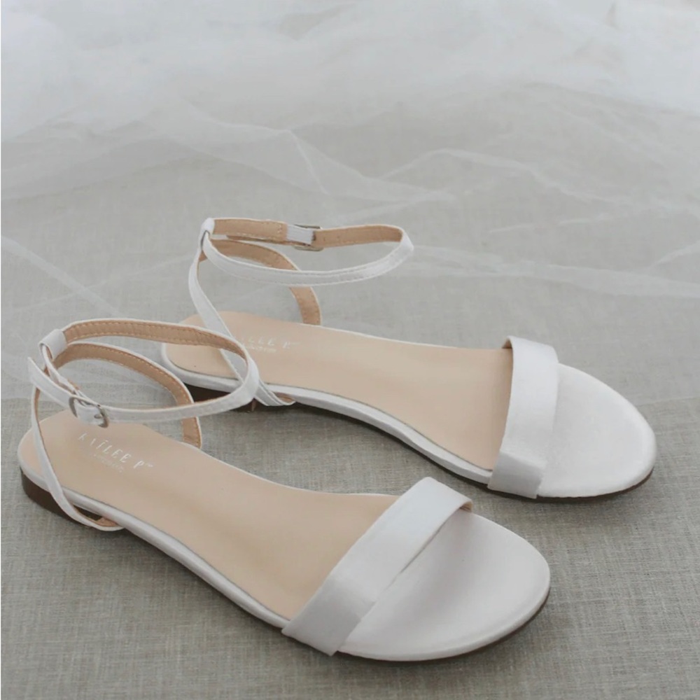 White Satin Wedding Flat Sandal with Ankle Strap size 8